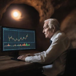 An elder, full of wisdom, sitting in front of a monitor watching a Bitcoin chart, cautiously. The setting is a mystical cave.