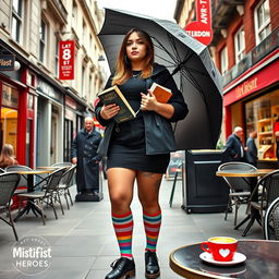 A plus-size teenage girl standing in a vibrant London setting, embodying the spirit of 'Mistifist Heroes'