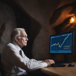 An elder, full of wisdom, sitting in front of a monitor watching a Bitcoin chart, cautiously. The setting is a mystical cave.