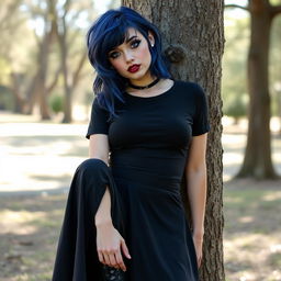 A realistic depiction of a goth woman with basic skin tones and a lifelike face, showcasing her in a natural pose