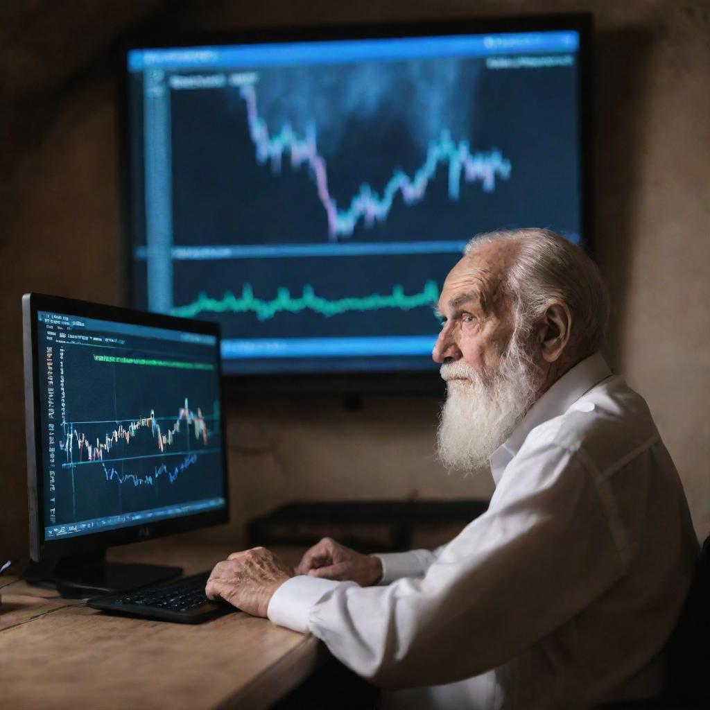 An elder, full of wisdom, sitting in front of a monitor watching a Bitcoin chart, cautiously. The setting is a mystical cave.