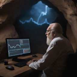 An elder, full of wisdom, sitting in front of a monitor watching a Bitcoin chart, cautiously. The setting is a mystical cave.