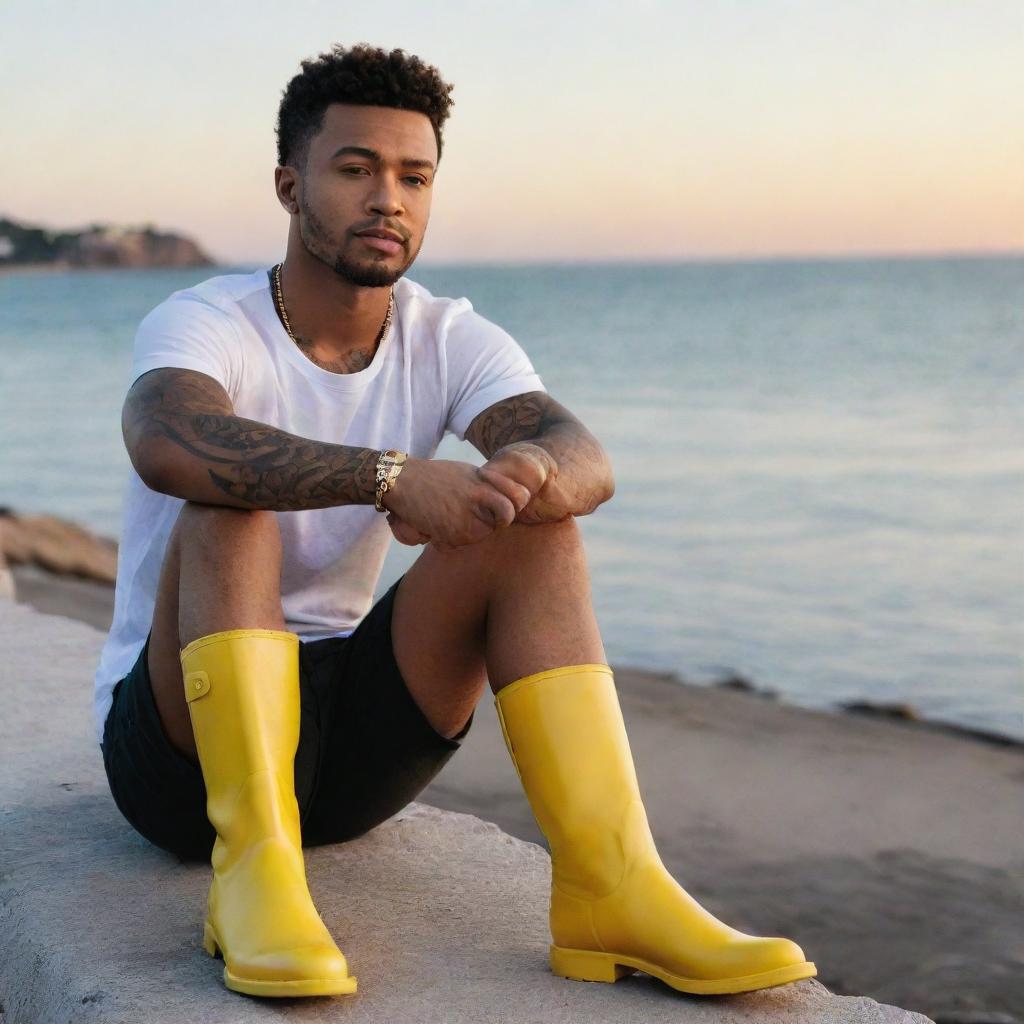 Generate an image of a young black man, resembling Justin Timberlake, with tattoos on his skin, sitting by the sea watching the sunset, holding a coffee mug, and wearing bright yellow boots.