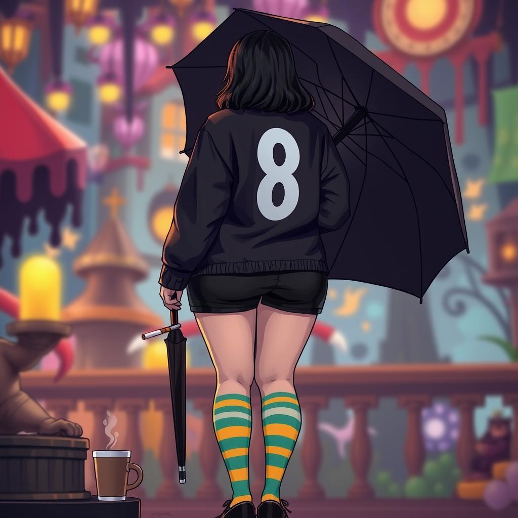 A plus-size teenage girl, featured in the whimsical world of 'The Umbrella Academy', depicted from the back