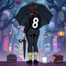 A plus-size teenage girl, featured in the whimsical world of 'The Umbrella Academy', depicted from the back