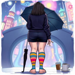 A plus-size teenage girl, featured in the whimsical world of 'The Umbrella Academy', depicted from the back