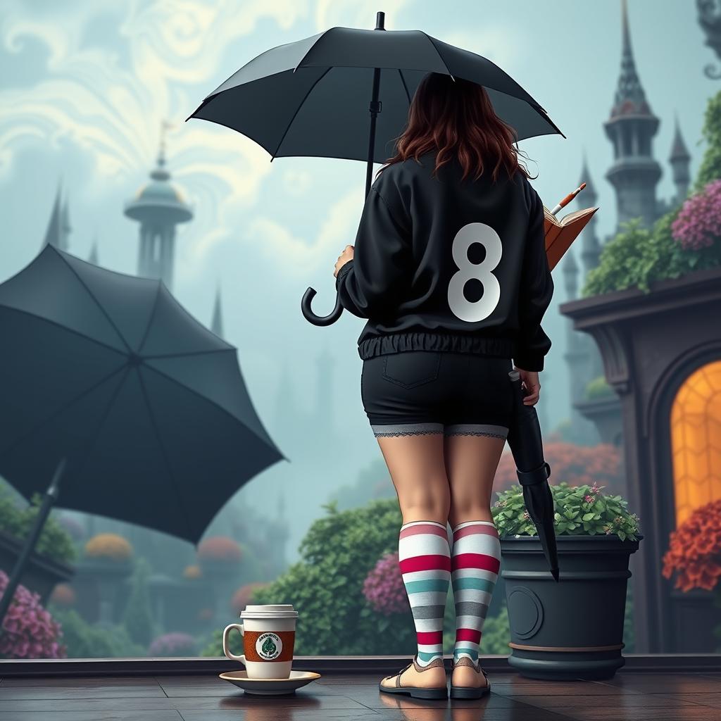 A plus-size teenage girl, featured in the whimsical world of 'The Umbrella Academy', depicted from the back