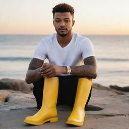 Generate an image of a young black man, resembling Justin Timberlake, with tattoos on his skin, sitting by the sea watching the sunset, holding a coffee mug, and wearing bright yellow boots.