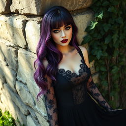 A realistic portrayal of a goth woman with basic skin tones and a vividly detailed face, showcasing her in a natural pose