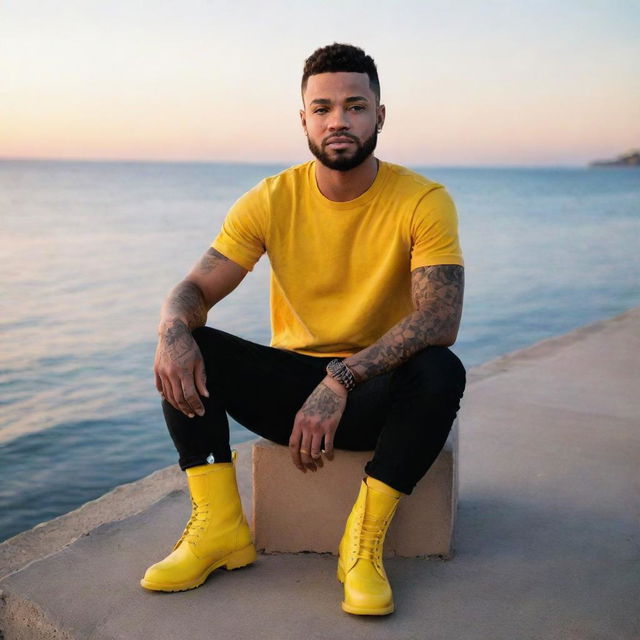 Generate an image of a young black man, resembling Justin Timberlake, with tattoos on his skin, sitting by the sea watching the sunset, holding a coffee mug, and wearing bright yellow boots.