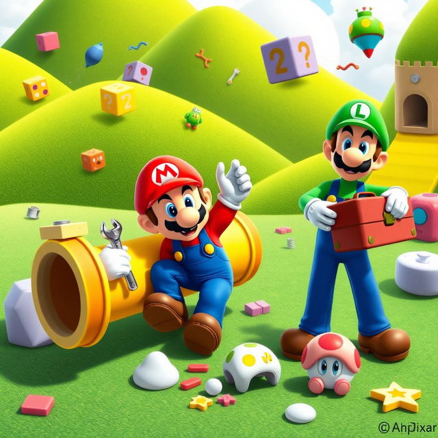 A vibrant scene depicting Mario and Luigi, the iconic characters, repairing a colorful yellow pipe in a whimsical Mario universe