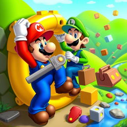 A vibrant scene depicting Mario and Luigi, the iconic characters, repairing a colorful yellow pipe in a whimsical Mario universe