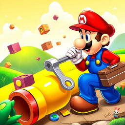 A vibrant scene depicting Mario and Luigi, the iconic characters, repairing a colorful yellow pipe in a whimsical Mario universe