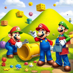 A vibrant scene depicting Mario and Luigi, the iconic characters, repairing a colorful yellow pipe in a whimsical Mario universe