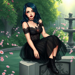 A realistic illustration of a goth woman with basic skin tones and an expressive, lifelike face