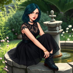 A realistic illustration of a goth woman with basic skin tones and an expressive, lifelike face