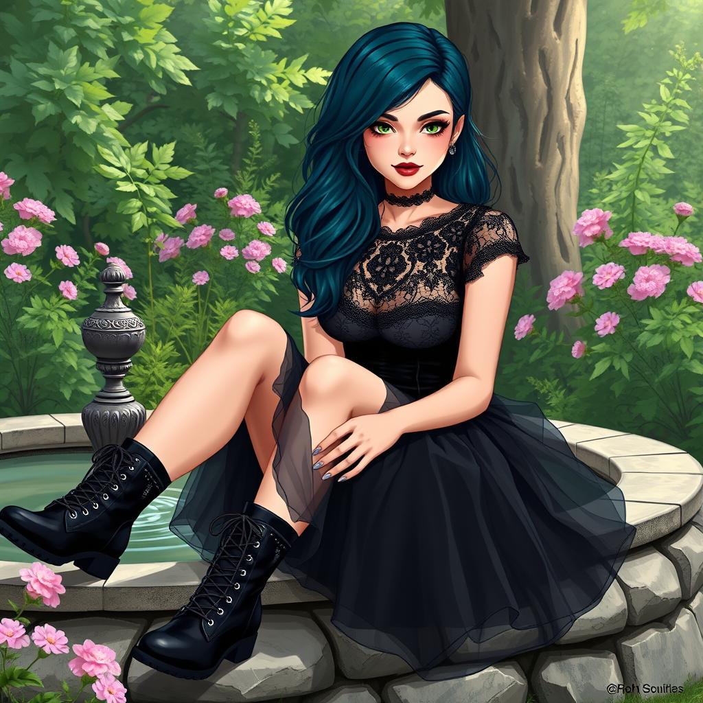 A realistic illustration of a goth woman with basic skin tones and an expressive, lifelike face