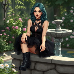 A realistic illustration of a goth woman with basic skin tones and an expressive, lifelike face