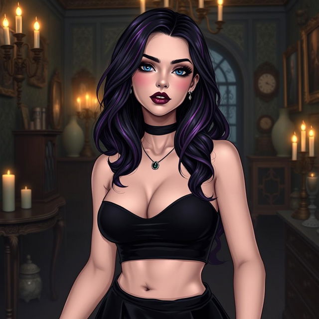 A realistic illustration of a goth woman with basic skin tones and a highly detailed face