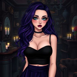 A realistic illustration of a goth woman with basic skin tones and a highly detailed face