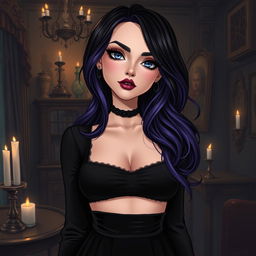 A realistic illustration of a goth woman with basic skin tones and a highly detailed face