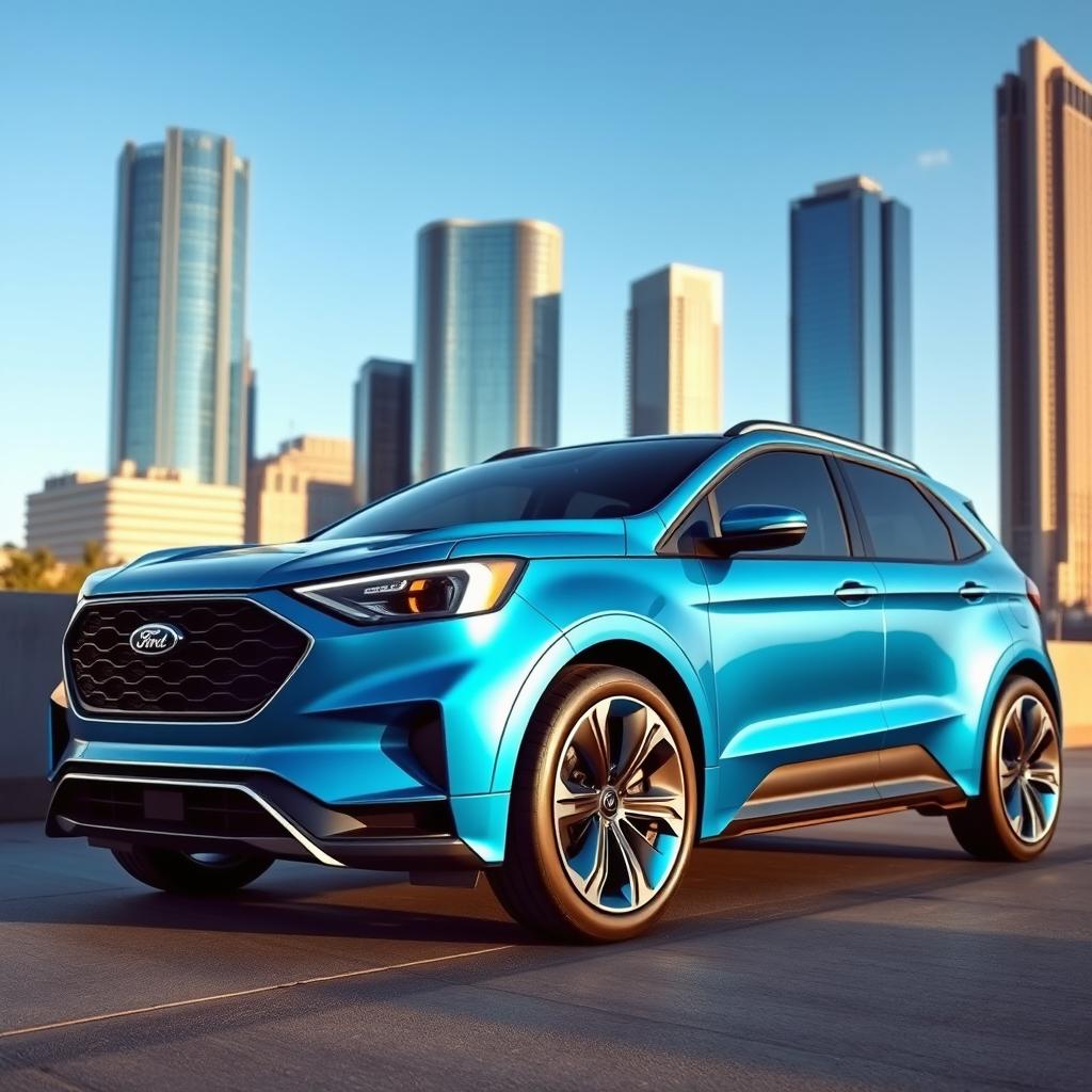 An innovative Ford car designed with futuristic aesthetics, featuring sleek aerodynamic lines, a bold grille, and advanced technology integration