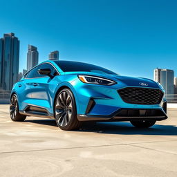 An innovative Ford car designed with futuristic aesthetics, featuring sleek aerodynamic lines, a bold grille, and advanced technology integration