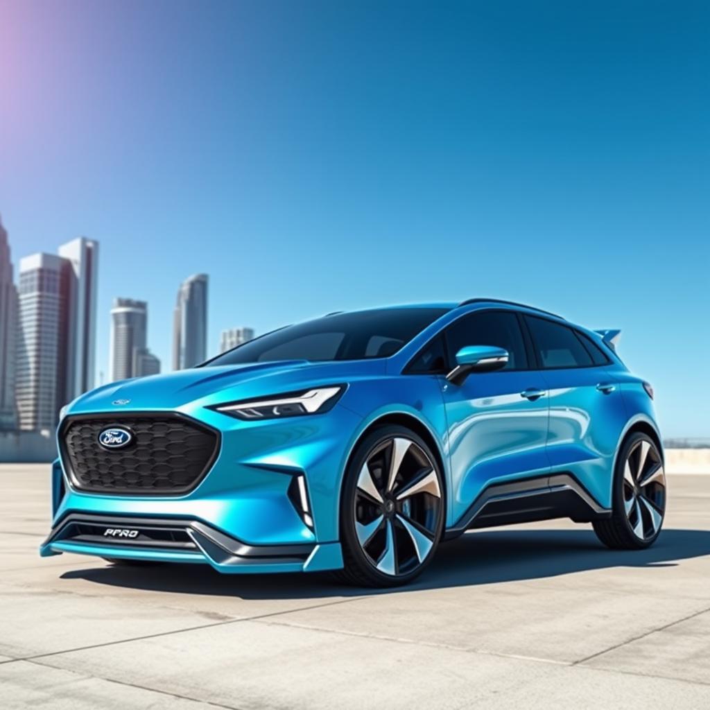 An innovative Ford car designed with futuristic aesthetics, featuring sleek aerodynamic lines, a bold grille, and advanced technology integration