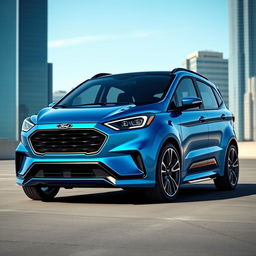 An innovative Ford car designed with futuristic aesthetics, featuring sleek aerodynamic lines, a bold grille, and advanced technology integration