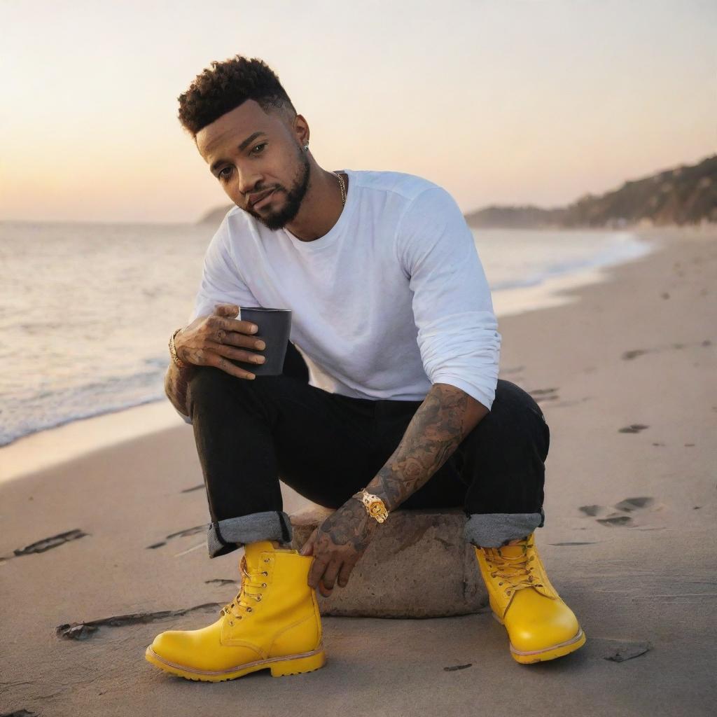 Generate an image of a young black man, resembling Justin Timberlake, with tattoos on his skin, sitting by the sea watching the sunset, holding a coffee mug, and wearing bright yellow boots.