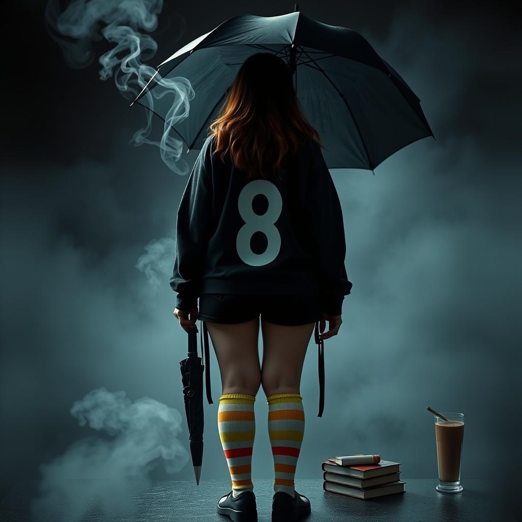 A plus-size teenage girl, 158 cm tall, standing with her back facing the viewer in a setting inspired by 'The Umbrella Academy'