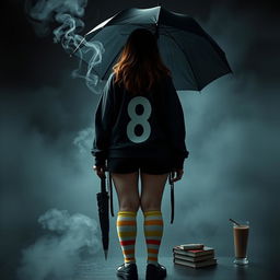 A plus-size teenage girl, 158 cm tall, standing with her back facing the viewer in a setting inspired by 'The Umbrella Academy'