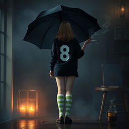 A plus-size teenage girl, 158 cm tall, standing with her back facing the viewer in a setting inspired by 'The Umbrella Academy'