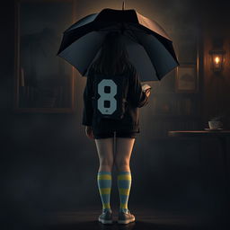 A plus-size teenage girl, 158 cm tall, standing with her back facing the viewer in a setting inspired by 'The Umbrella Academy'