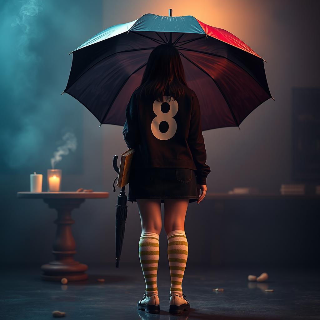 A plus-size teenage girl, 158 cm tall, standing with her back facing the viewer in a setting inspired by 'The Umbrella Academy'