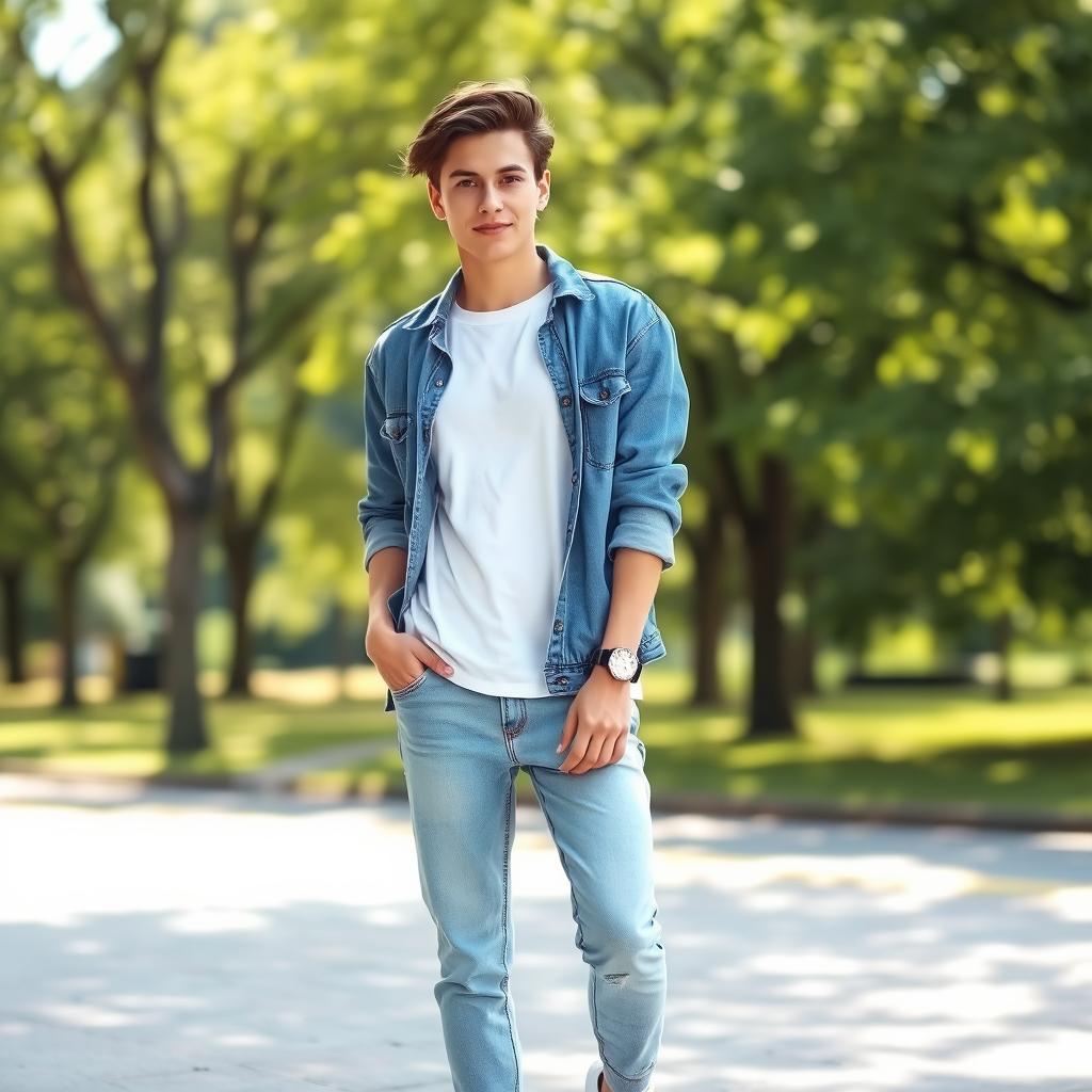 A casual outfit featuring a white T-shirt styled with rolled-up sleeves, layered under a denim jacket, paired with light blue jeans and white sneakers