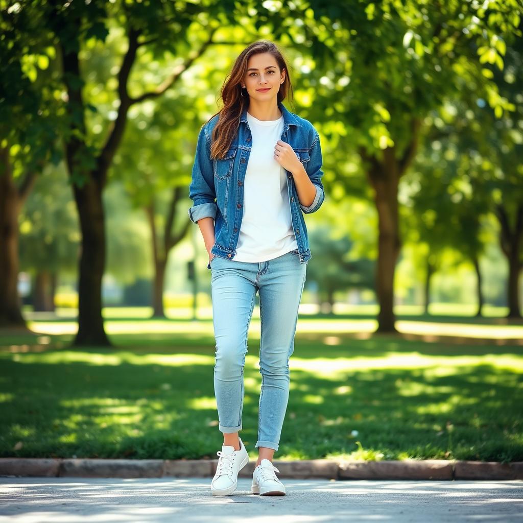 A casual outfit featuring a white T-shirt styled with rolled-up sleeves, layered under a denim jacket, paired with light blue jeans and white sneakers