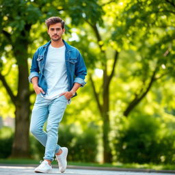 A casual outfit featuring a white T-shirt styled with rolled-up sleeves, layered under a denim jacket, paired with light blue jeans and white sneakers