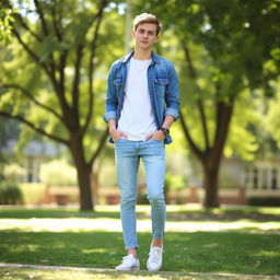 A casual outfit featuring a white T-shirt styled with rolled-up sleeves, layered under a denim jacket, paired with light blue jeans and white sneakers