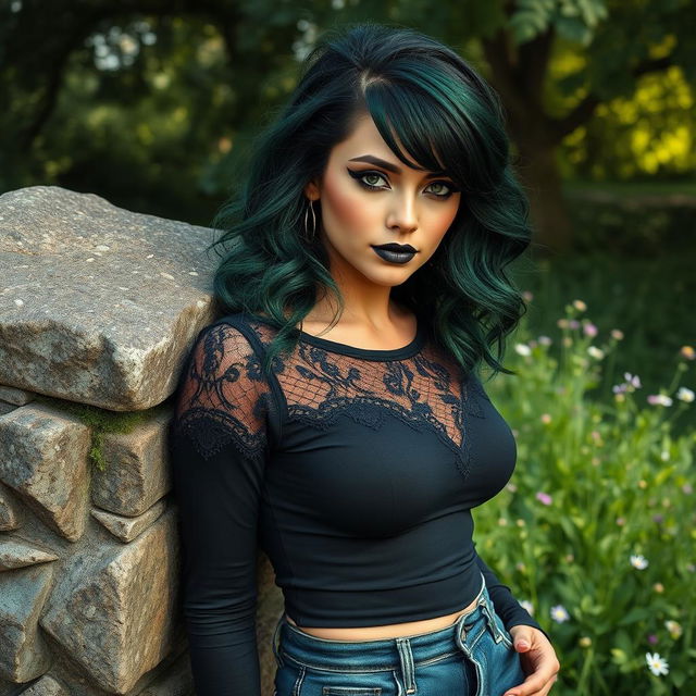 A realistic representation of a goth woman with a natural skin tone and a lifelike face