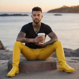 Generate an image of a young black man, resembling Justin Timberlake, with tattoos on his skin, sitting by the sea watching the sunset, holding a coffee mug, and wearing bright yellow boots.