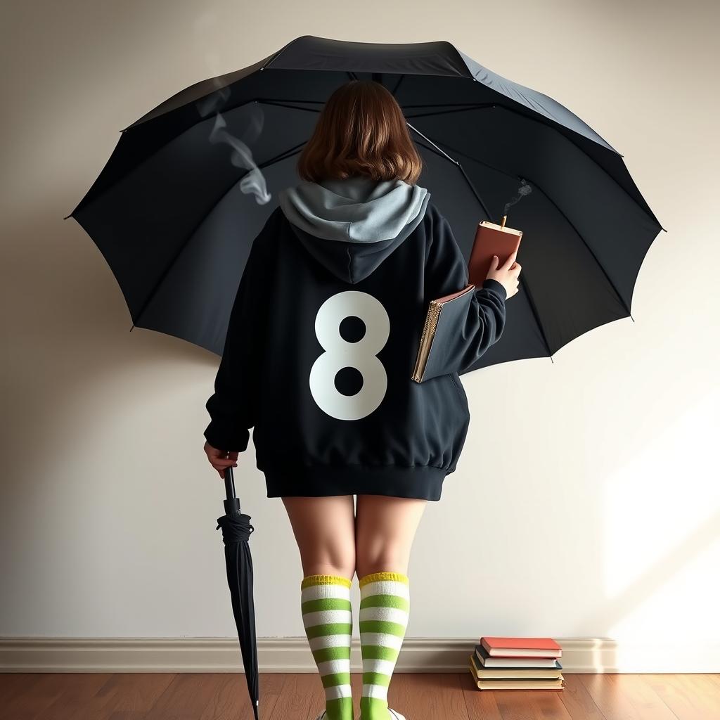 A plus-size teenage girl, 158 cm tall, standing with her back facing the viewer in a setting inspired by 'The Umbrella Academy'