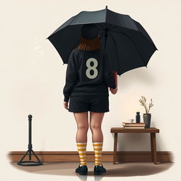 A plus-size teenage girl, 158 cm tall, standing with her back facing the viewer in a setting inspired by 'The Umbrella Academy'