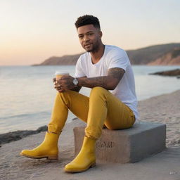 Generate an image of a young black man, resembling Justin Timberlake, with tattoos on his skin, sitting by the sea watching the sunset, holding a coffee mug, and wearing bright yellow boots.