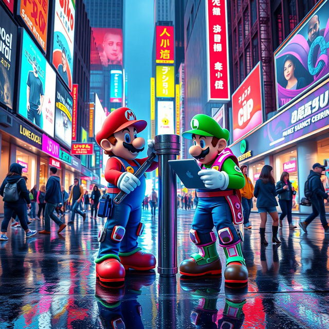 Mario and Luigi repairing a pipe in a vibrant cyberpunk cityscape