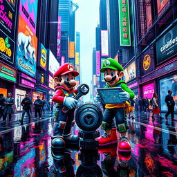 Mario and Luigi repairing a pipe in a vibrant cyberpunk cityscape