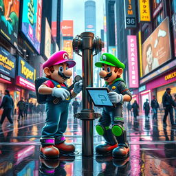 Mario and Luigi repairing a pipe in a vibrant cyberpunk cityscape