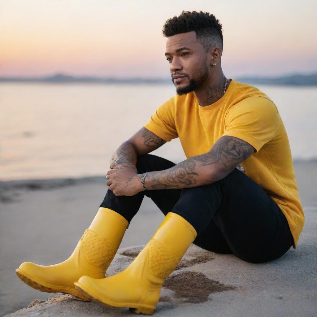 Generate an image of a young black man, resembling Justin Timberlake, with tattoos on his skin, sitting by the sea watching the sunset, holding a coffee mug, and wearing bright yellow boots.