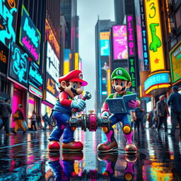 Mario and Luigi repairing a pipe in a vibrant cyberpunk cityscape