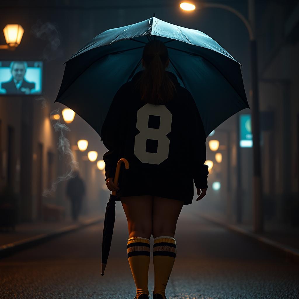 In a dark, nighttime atmosphere inspired by 'The Umbrella Academy', a plus-size teenage girl, 158 cm tall, stands with her back to the viewer